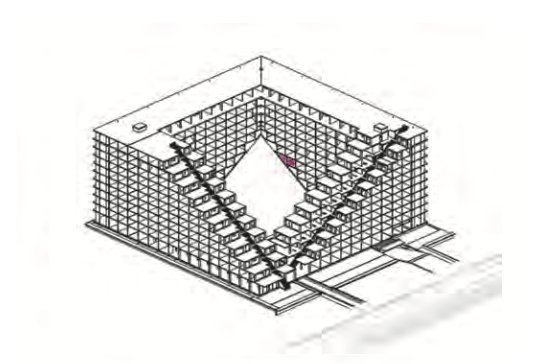 Isometrische Zeichnung eines quaderförmigen Bauwerks mit Treppen im Inneren und Öffnung in der Mitte.